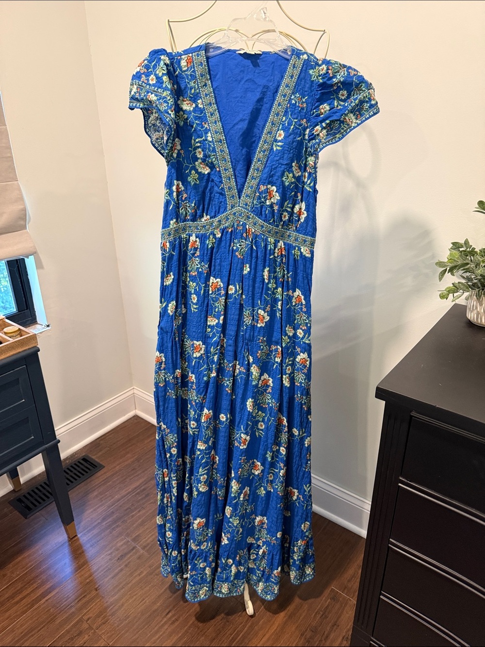Max Studio Royal Blue Floral V-Neck Maxi Dress